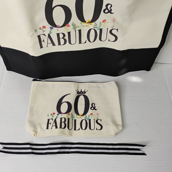 60 & Fabulous Canvas Tote Bag with Zipper Pouch & Ribbon – Black & Cream- NEW - Picture 4 of 16